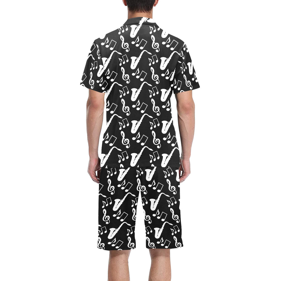 Saxophone music notes treble clef black white them Men's V-Neck Short Pajama Set