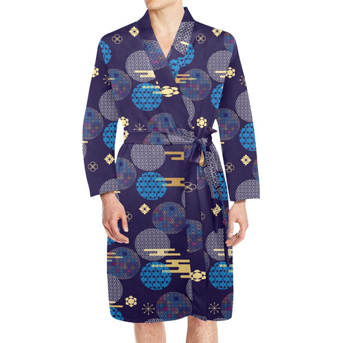 Blue japanese pattern cloud wave flower Men's Long Sleeve Belted Night Robe