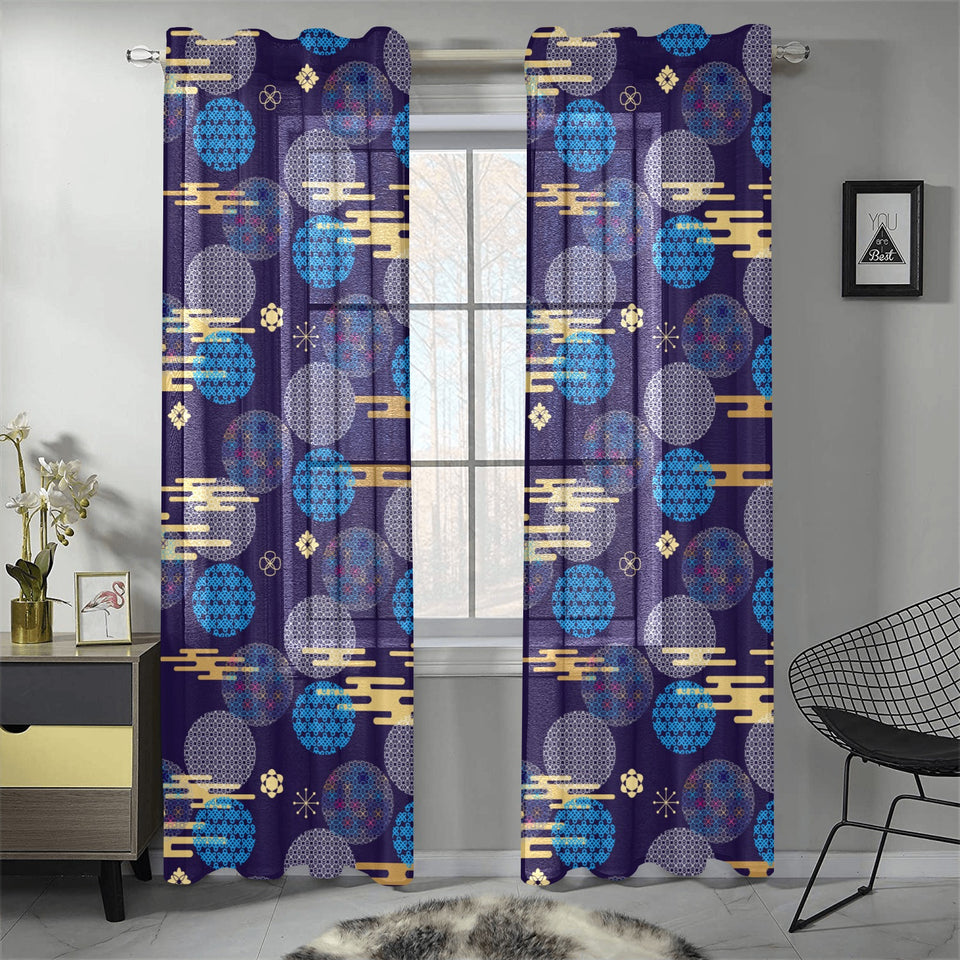 Blue japanese pattern cloud wave flower Gauze Curtain