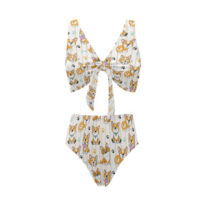 Cute dog corgi striped background pattern Chest Bowknot High Waisted Bikini Swimsuit