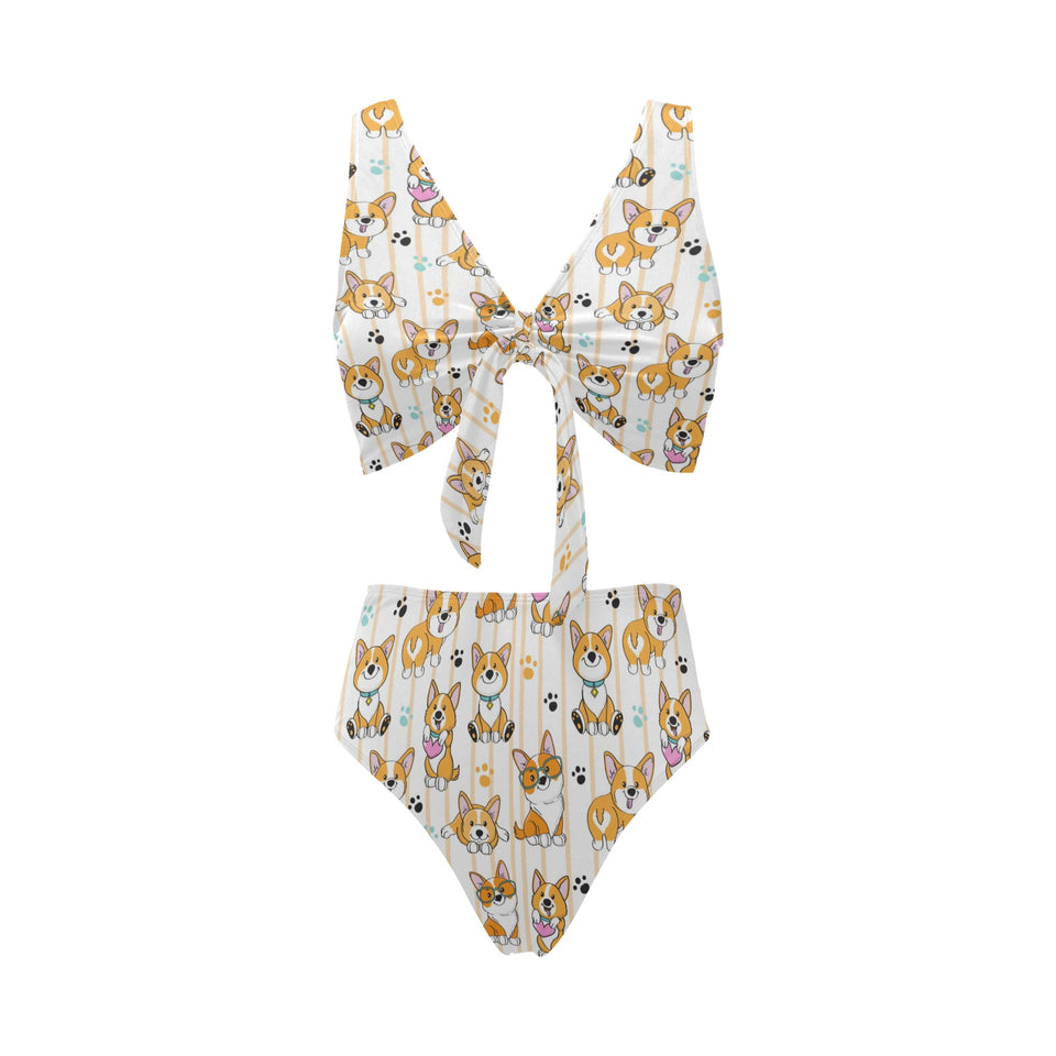 Cute dog corgi striped background pattern Chest Bowknot High Waisted Bikini Swimsuit