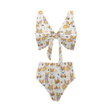 Cute dog corgi striped background pattern Chest Bowknot High Waisted Bikini Swimsuit
