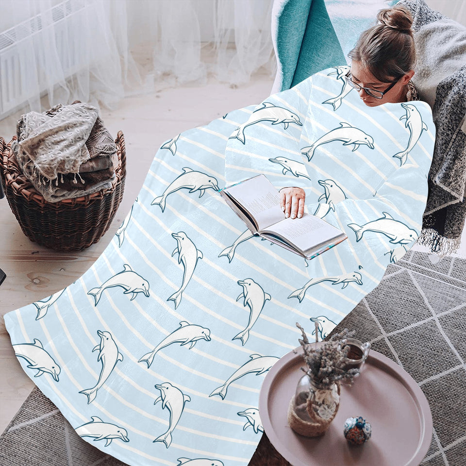 Dolphin blue striped background Blanket Robe with Sleeves