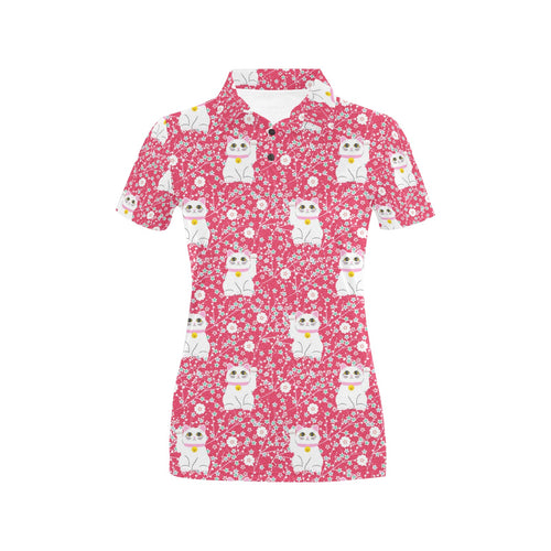 Maneki neko cat sakura pink background Women's All Over Print Polo Shirt