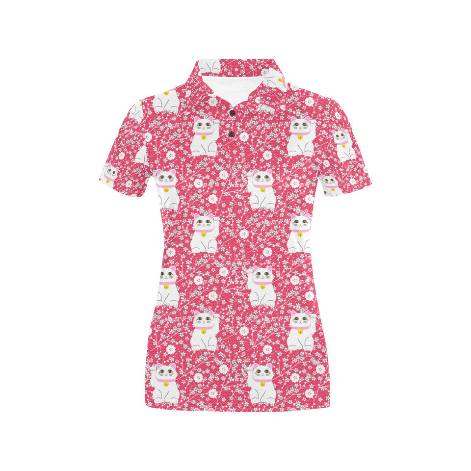 Maneki neko cat sakura pink background Women's All Over Print Polo Shirt