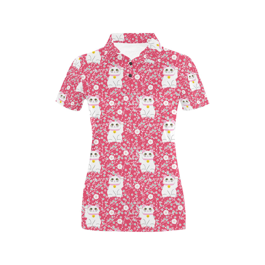Maneki neko cat sakura pink background Women's All Over Print Polo Shirt