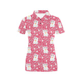 Maneki neko cat sakura pink background Women's All Over Print Polo Shirt