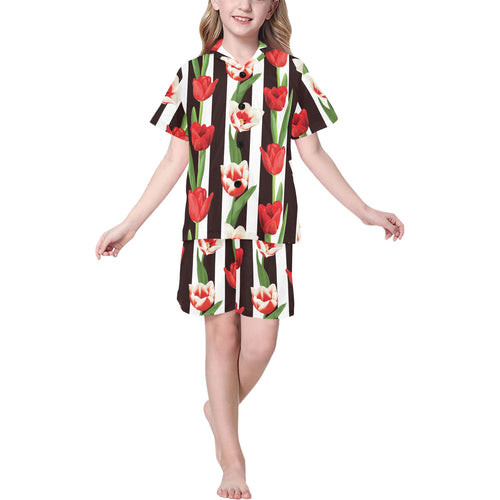 red and white tulips pattern Kids' Boys' Girls' V-Neck Short Pajama Set