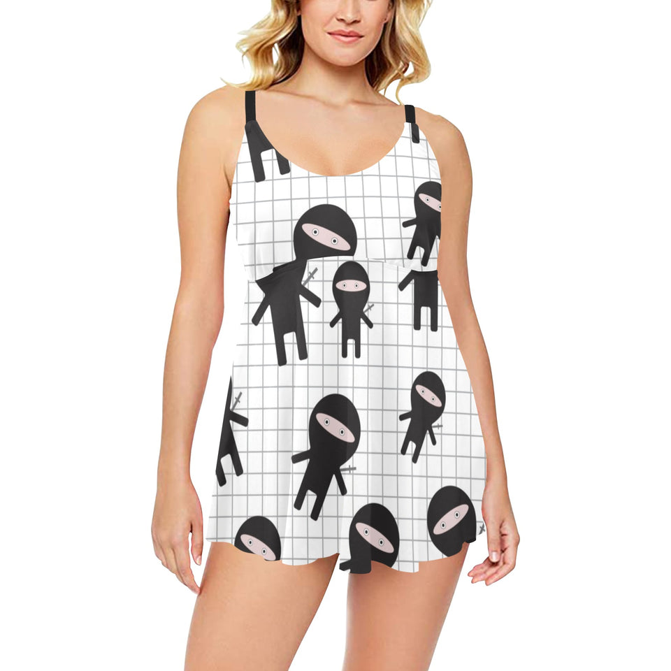 Ninja pattern plaid background Chest Sexy Pleated Two Piece Swim Dress