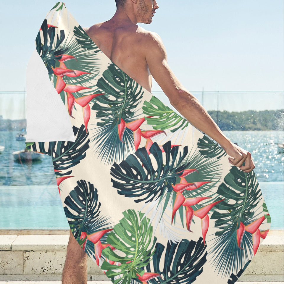 heliconia flowers, palm and monstera leaves Beach Towel