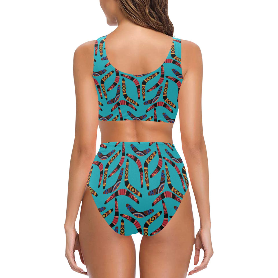 Boomerang Australian aboriginal ornament blue back Chest Bowknot High Waisted Bikini Swimsuit