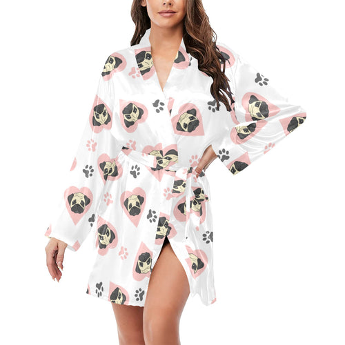 Cute pugs pink heart paw pattern Women's Long Sleeve Belted Night Robe
