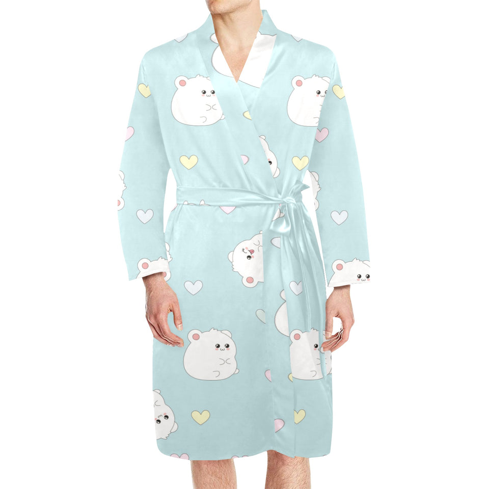 White cute hamsters heart pattern Men's Long Sleeve Belted Night Robe