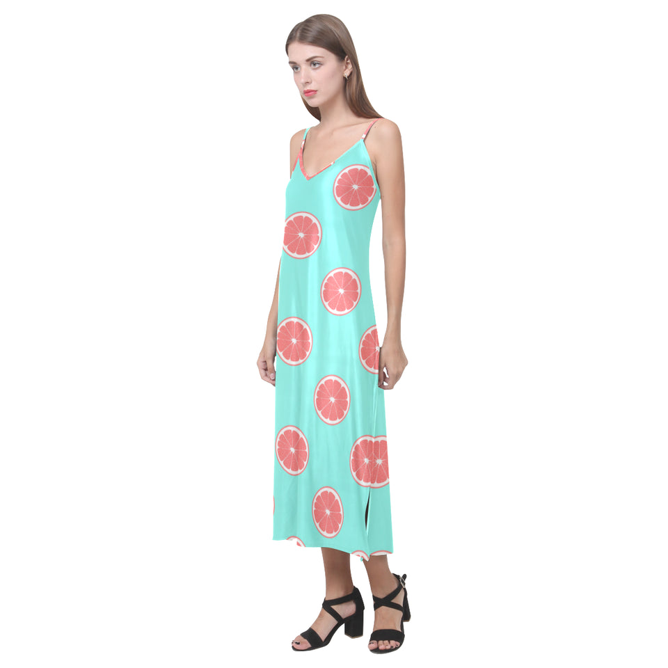 Grapefruit green background V-Neck Open Fork Long Dress