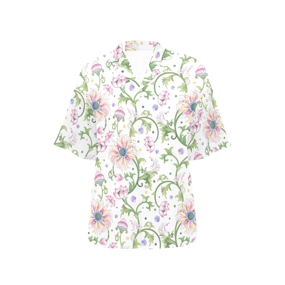 Beautiful pink lotus waterlily leaves pattern Women's All Over Print Hawaiian Shirt