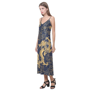 Gold dragon pattern V-Neck Open Fork Long Dress