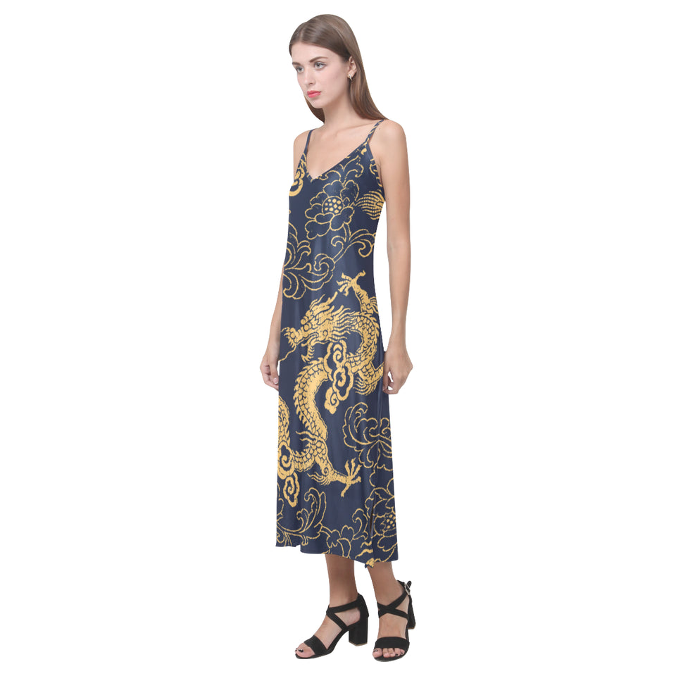 Gold dragon pattern V-Neck Open Fork Long Dress