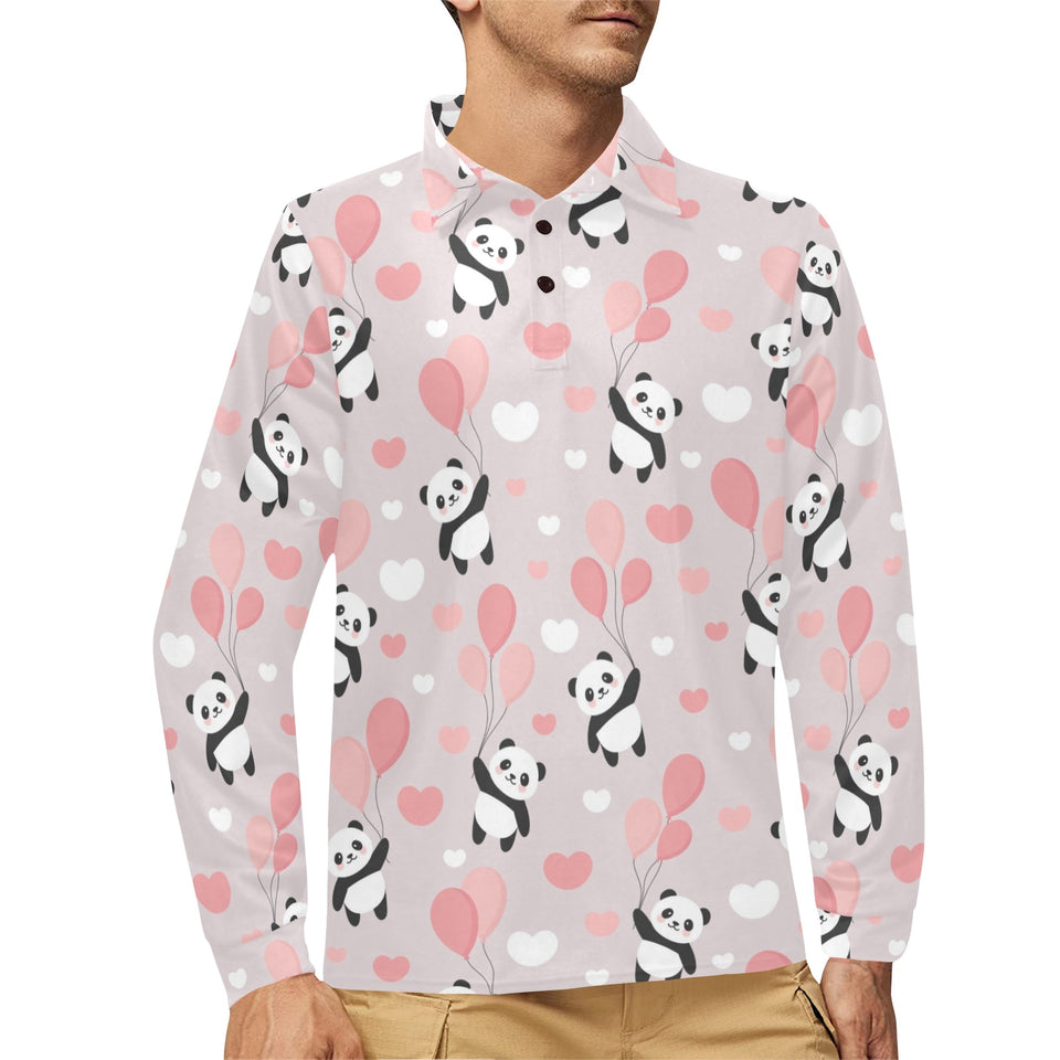 Cute panda ballon heart pattern Men's Long Sleeve Polo Shirt