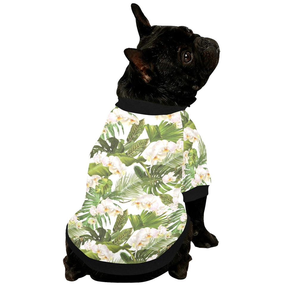 White orchid flower tropical leaves pattern All Over Print Pet Dog Round Neck Fuzzy Shirt
