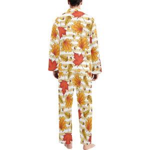 Maple leaf oak leaf acorns beige striped backgroun Men's Long Pajama Set