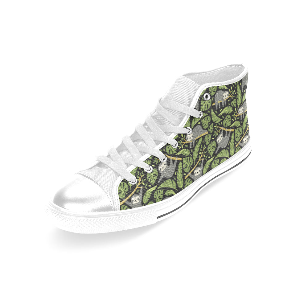 Cute sloths tropical palm leaves black background Women's High Top Canvas Shoes White