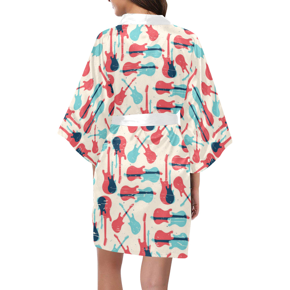 Red Blue guitar pattern Women's Short Kimono Robe