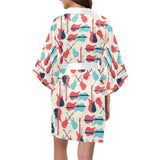 Red Blue guitar pattern Women's Short Kimono Robe