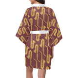 Hand drawn gold saxophone red background Women's Short Kimono Robe
