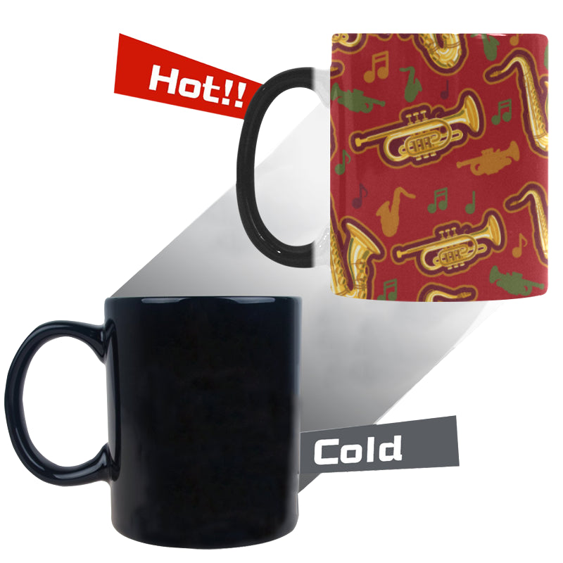 Saxophone cornet pattern red background Morphing Mug Heat Changing Mug