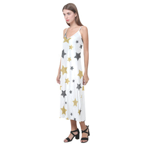 hand drawn gold black star pattern V-Neck Open Fork Long Dress