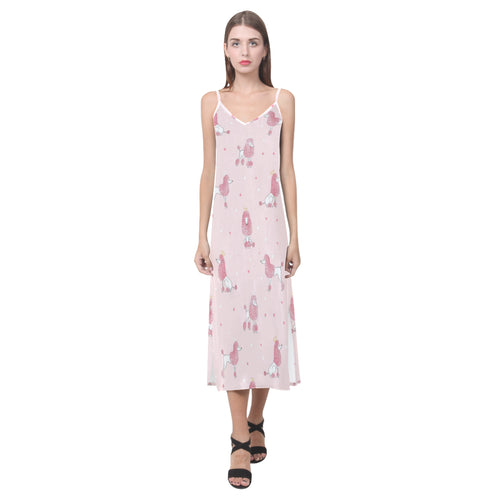 Poodle dog pink color theme V-Neck Open Fork Long Dress