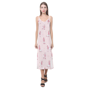 Poodle dog pink color theme V-Neck Open Fork Long Dress