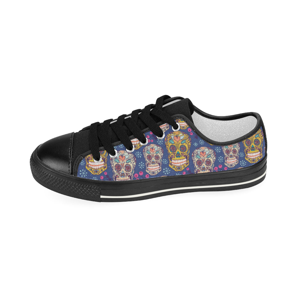 Sugar skull flower pattern Women's Low Top Canvas Shoes Black