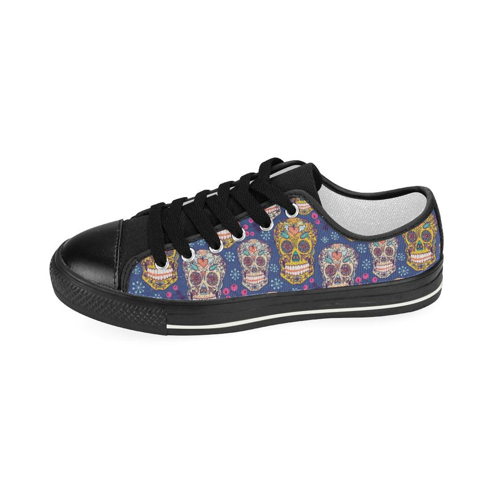 Sugar skull flower pattern Kids' Boys' Girls' Low Top Canvas Shoes Black