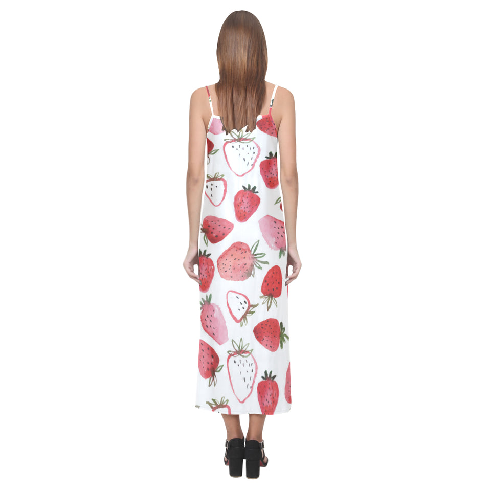 watercolor hand drawn beautiful strawberry pattern V-Neck Open Fork Long Dress