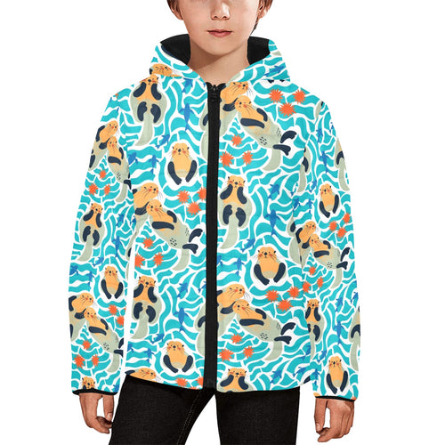 Cute sea otters fishe sea urchin pattern Kids' Boys' Girls' Padded Hooded Jacket