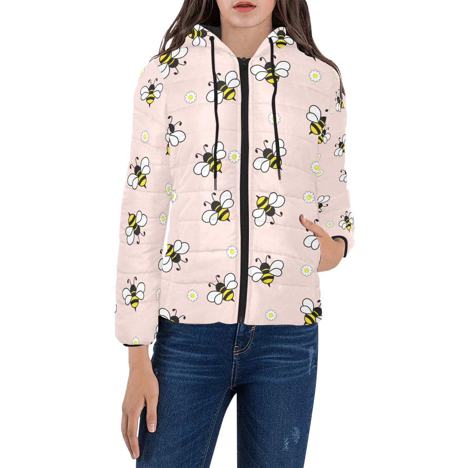 Cute bee flower pattern pink background Women's Padded Hooded Jacket