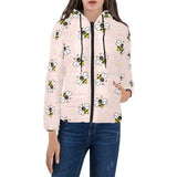 Cute bee flower pattern pink background Women's Padded Hooded Jacket