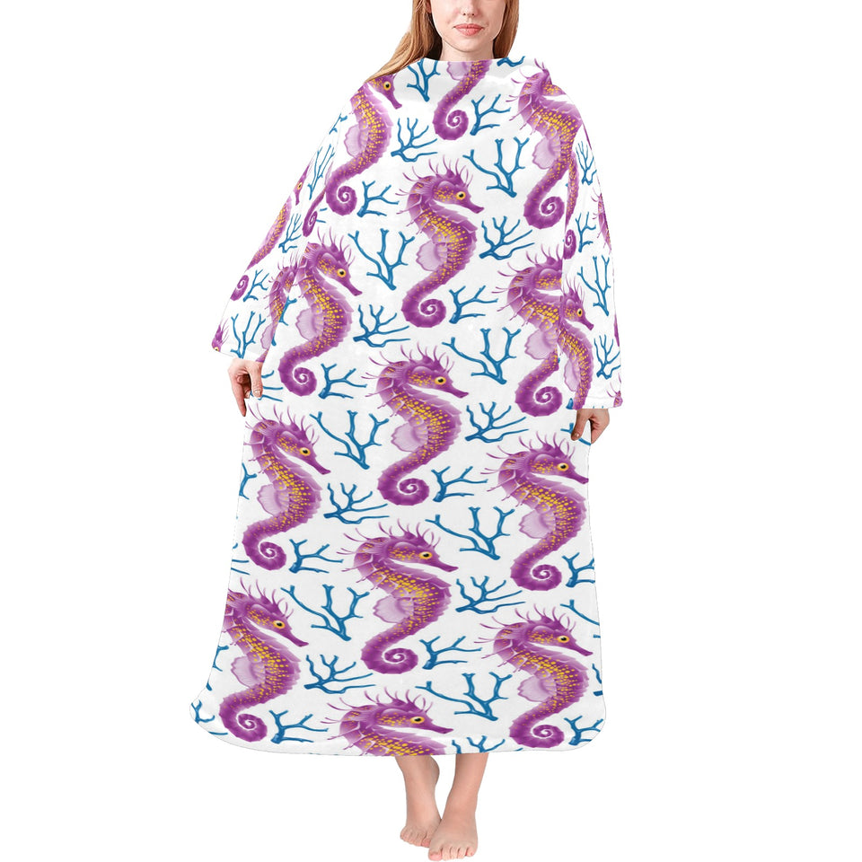 Purple seahorse blue coral pattern Blanket Robe with Sleeves