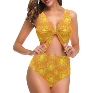 Sun orange background Chest Bowknot High Waisted Bikini Swimsuit