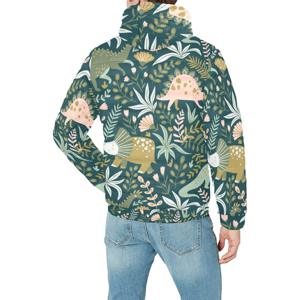 dinosaurs tropical leaves flower pattern Men's Padded Hooded Jacket