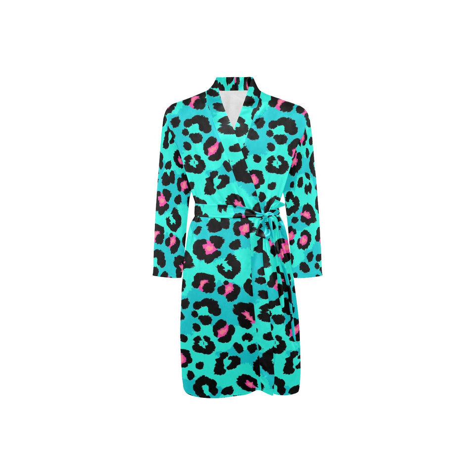 Green leopard skin print pattern Men's Long Sleeve Belted Night Robe