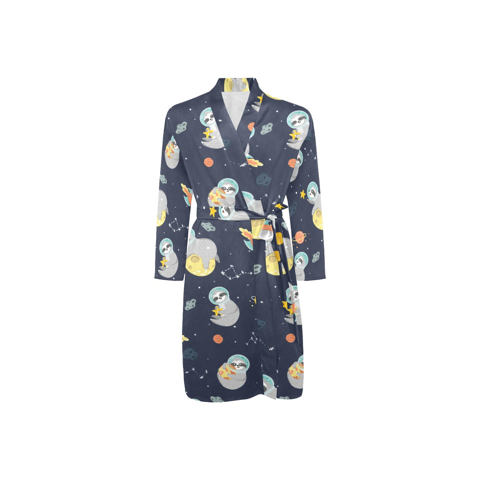 Cute sloth astronaut star planet rocket pattern Men's Long Sleeve Belted Night Robe