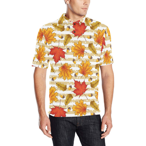 Maple leaf oak leaf acorns beige striped backgroun Men's All Over Print Polo Shirt
