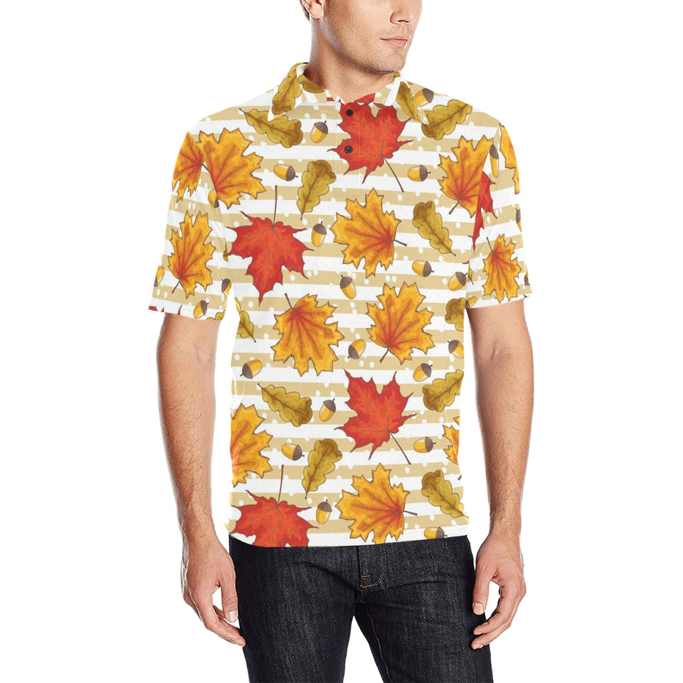 Maple leaf oak leaf acorns beige striped backgroun Men's All Over Print Polo Shirt