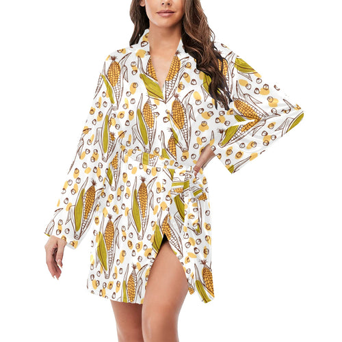 Corn Pattern Print Design 02 Women's Long Sleeve Belted Night Robe