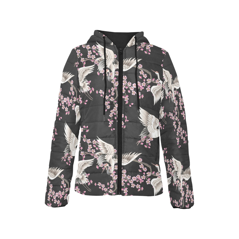 Japanese crane pink sakura pattern Women's Padded Hooded Jacket