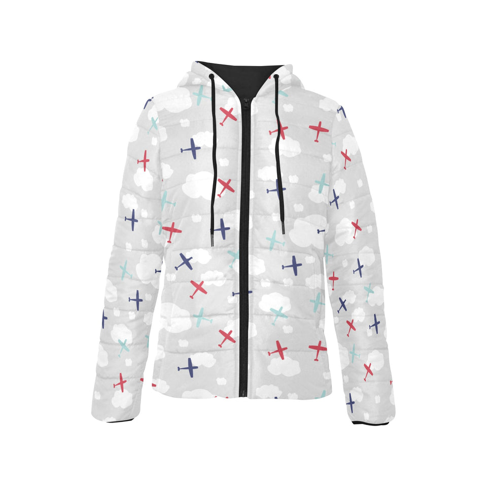 Airplane cloud grey background Women's Padded Hooded Jacket