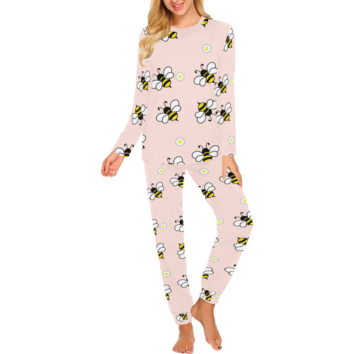 Cute bee flower pattern pink background Women's All Over Print Pajama Set