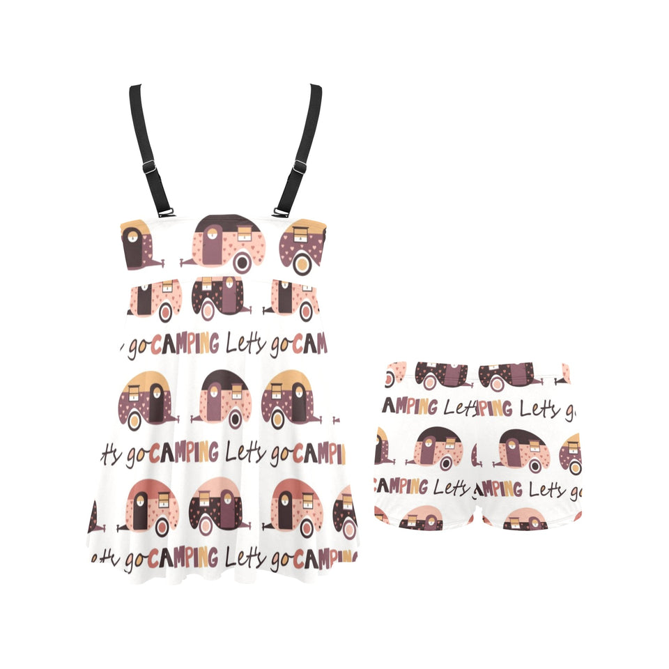 Camper Van Pattern Print Design 01 Chest Sexy Pleated Two Piece Swim Dress